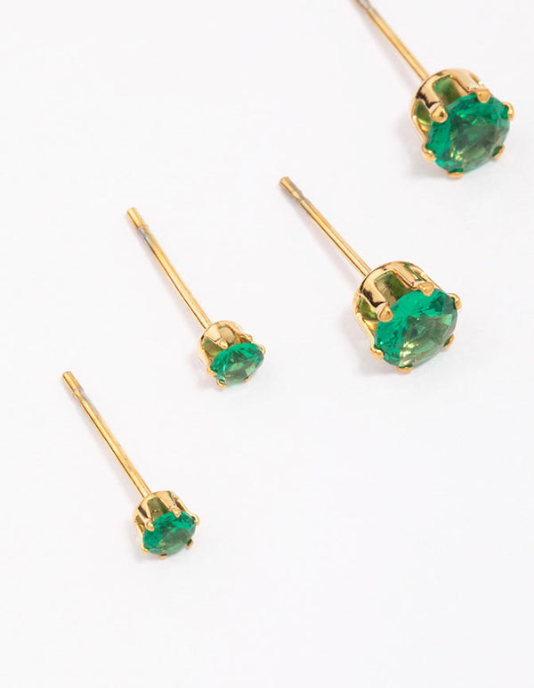 Waterproof Gold Plated Stainless Steel Emerald Cubic Zirconia Stud Earrings 3-Pack