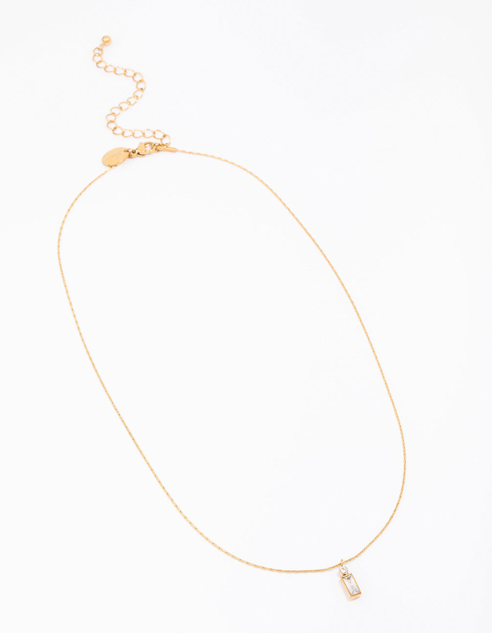 Elegant waterproof thin pendant necklace featuring baguette and round stone cut crafted from cubic zirconia, gold plated stainless steel front view