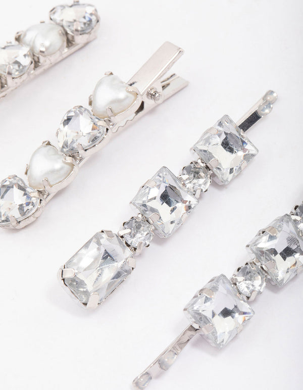 Silver Diamante & Pearl Heart Hair Clip 4-Pack