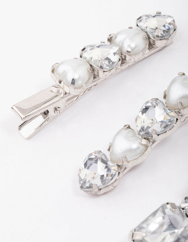 Silver Diamante & Pearl Heart Hair Clip 4-Pack