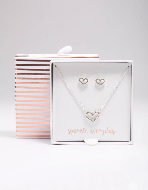 Silver Open Diamante Heart Jewellery Set