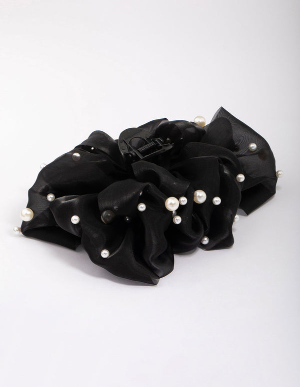 Black Large Chiffon Pearl Bow Hair Claw Clip