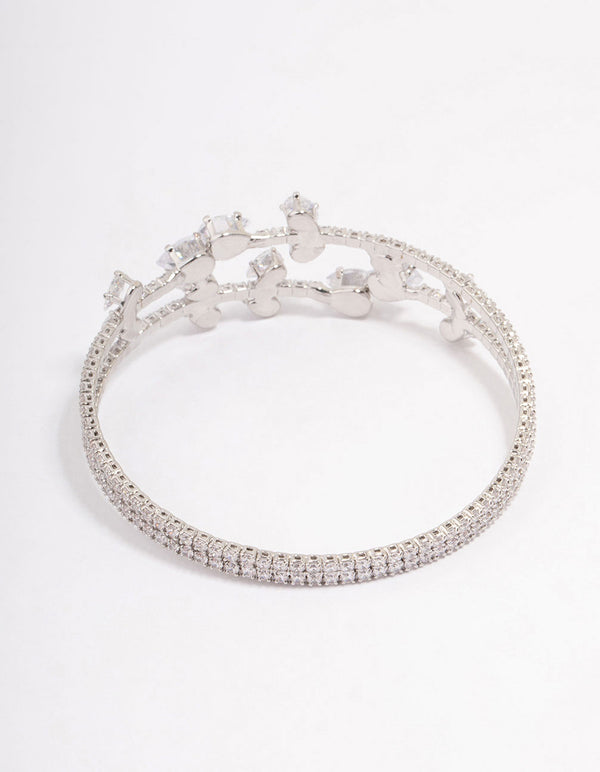 Silver Cubic Zirconia Leaf Layered Bangle