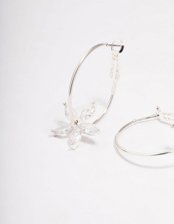 Silver Cubic Zirconia Flower Hoop Earrings