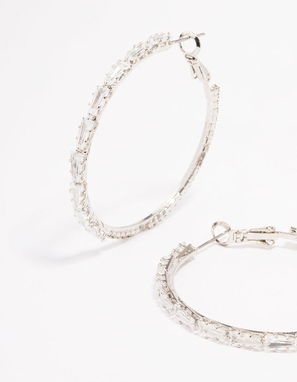 Silver Cubic Zirconia Baguette Stone Hoop Earrings