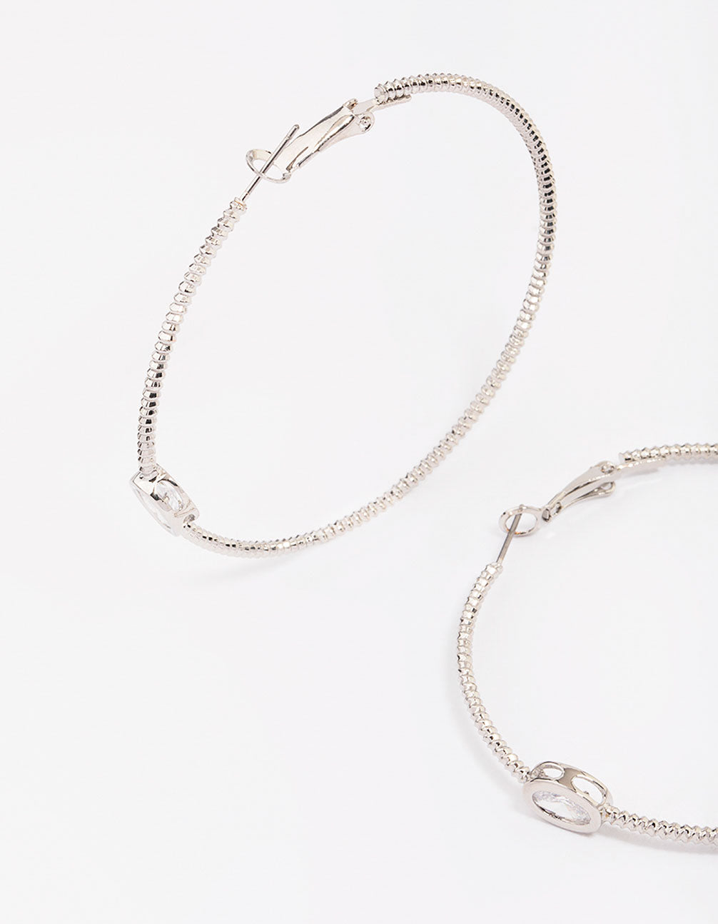 Silver Textural Oval Cubic Zirconia Hoop Earrings