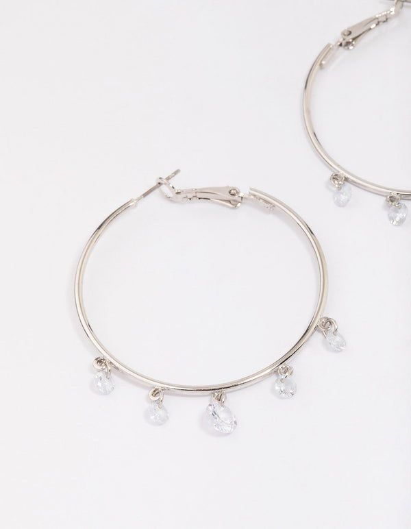 Silver Cubic Zirconia Dangle Hoop Earrings
