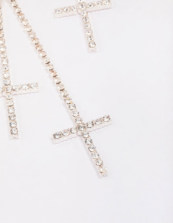 Silver Double Cross Cup Chain Drop Earrings