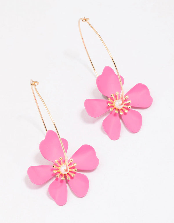 Pink Wire Flower Hoop Earrings
