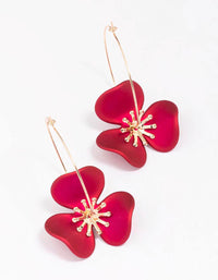 Gold & Red Flower Wire Hoop Earrings - link has visual effect only