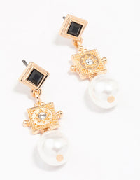 Gold Diamante Square Pearl Drop Earrings - link has visual effect only