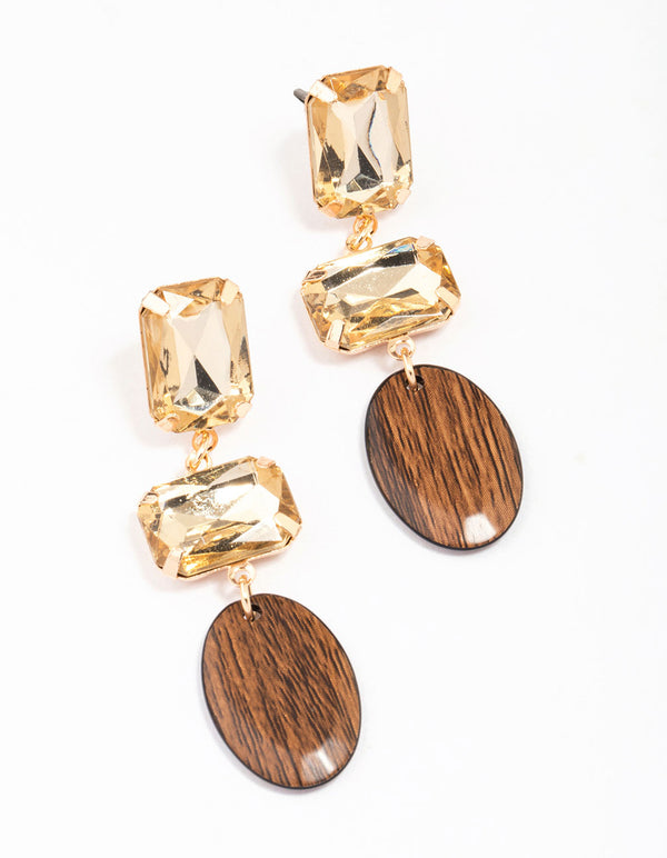 Gold Diamante Rectangle Wooden Drop Earrings