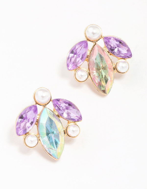 Gold Crystal & Pearl Marquise Stud Earrings