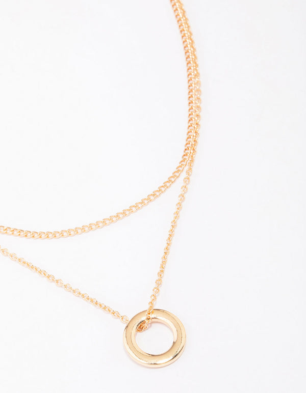 Gold Double Chain Circle Pendant Layered Necklace