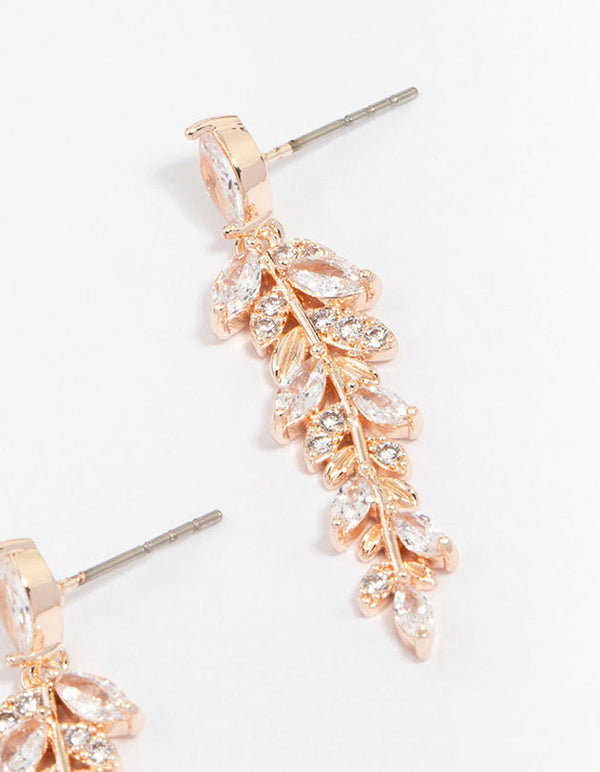 Rose Gold Plated Cubic Zirconia Dainty Leaf Drop Earrings