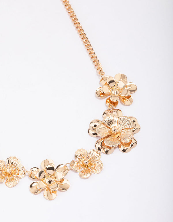 Gold Textured Flower Statement Necklace