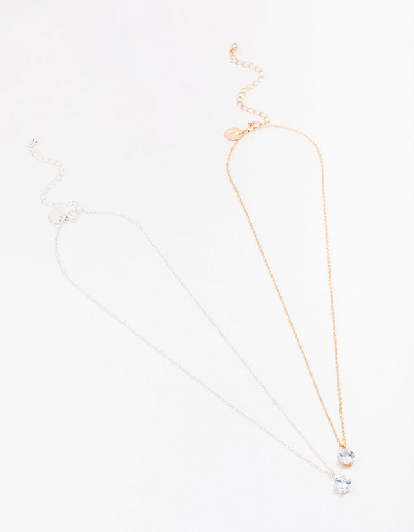 Gold & Silver Mixed Metal Solitaire Crystal Necklaces 2-Pack