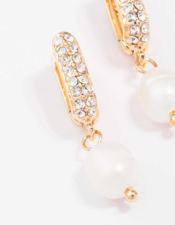 Gold Small Diamante & Pearl Drop Earrings
