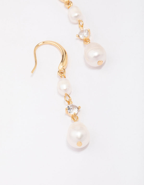 Gold Plated Alternating Pearl & Cubic Zirconia Drop Earrings