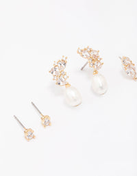 Gold Plated Cubic Zirconia Cluster & Pearl Earrings 3-Pack - link has visual effect only