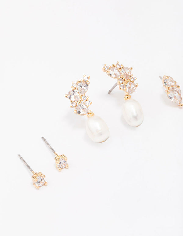 Gold Plated Cubic Zirconia Cluster & Pearl Earrings 3-Pack