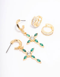 Gold Plated Emerald Diamante Cross Earring Pack - link has visual effect only