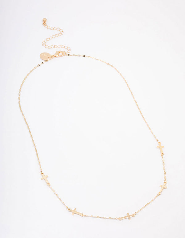 Gold Plated Simple Cross Station Chain Necklace