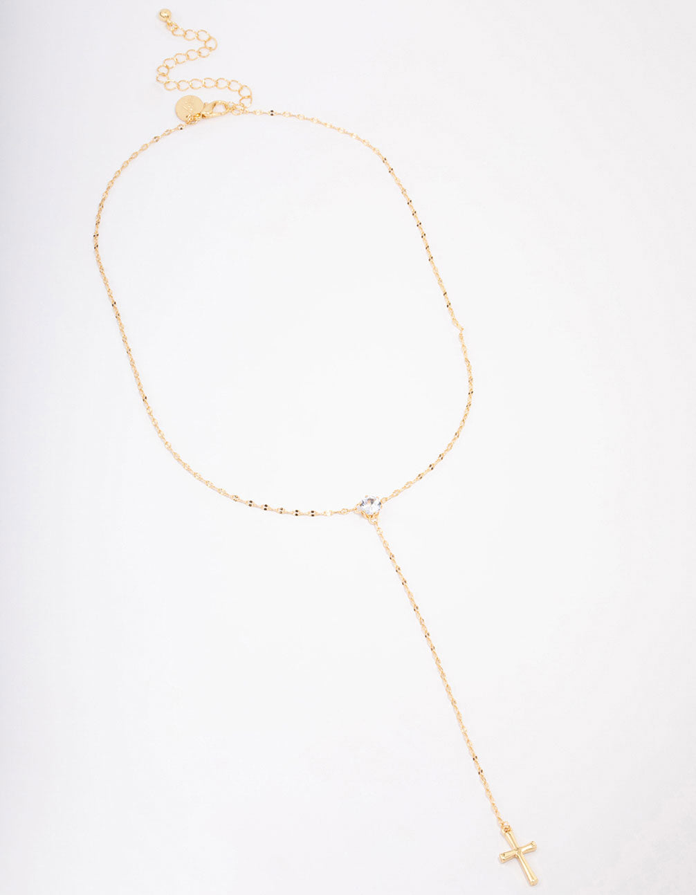 Gold Plated Cubic Zirconia Cross Lariat Necklace