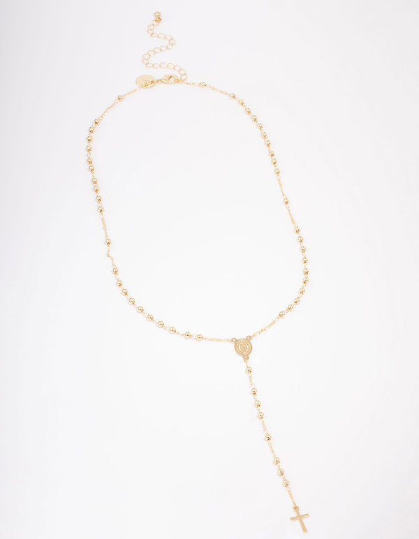Gold Plated Coin & Cross Lariat Necklace