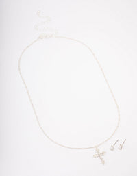 Silver Plated Diamante Cross Pendant Necklace & Stud Earring Set - link has visual effect only