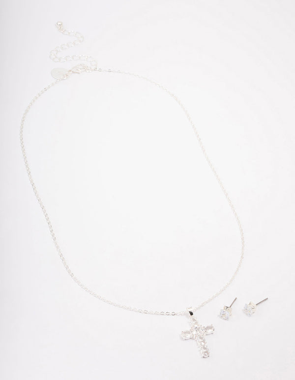 Silver Plated Cubic Zirconia Square Cross Pendant Necklace & Stud Earring Set