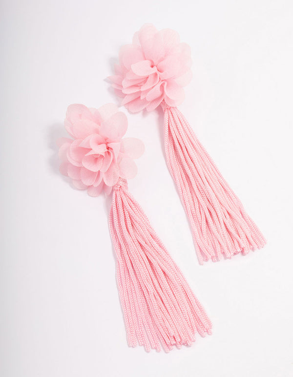 Pink Fabric Flower Tassel Drop Earrings