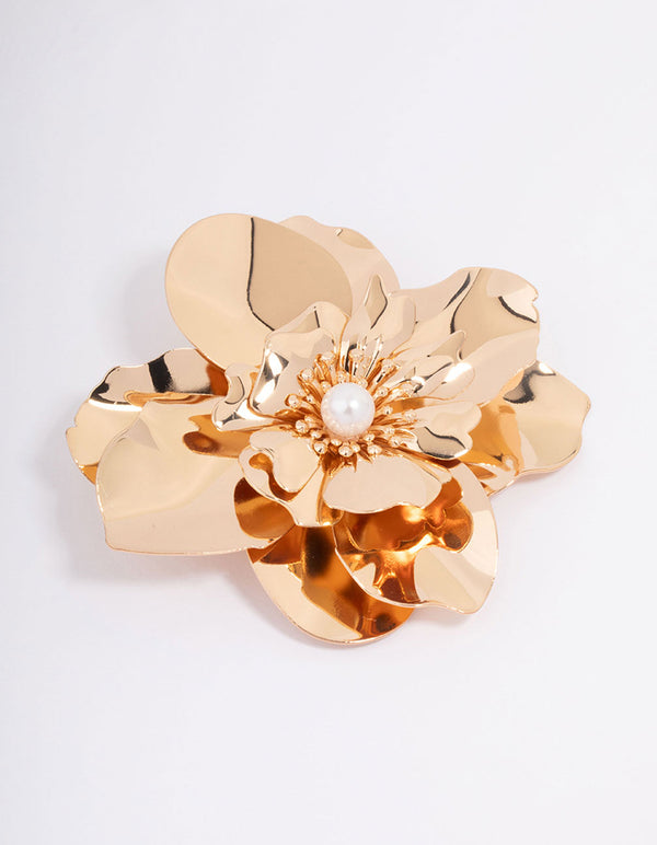 Gold Molten Flower Pearl Brooch