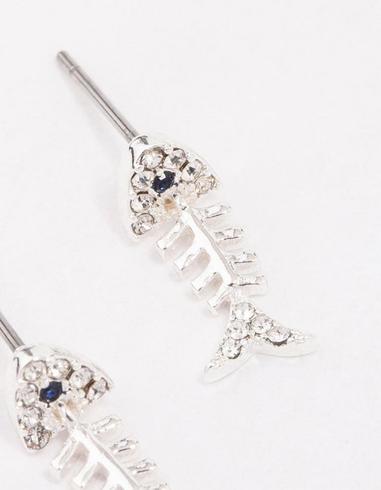 Silver Skeleton Fish Stud Earrings