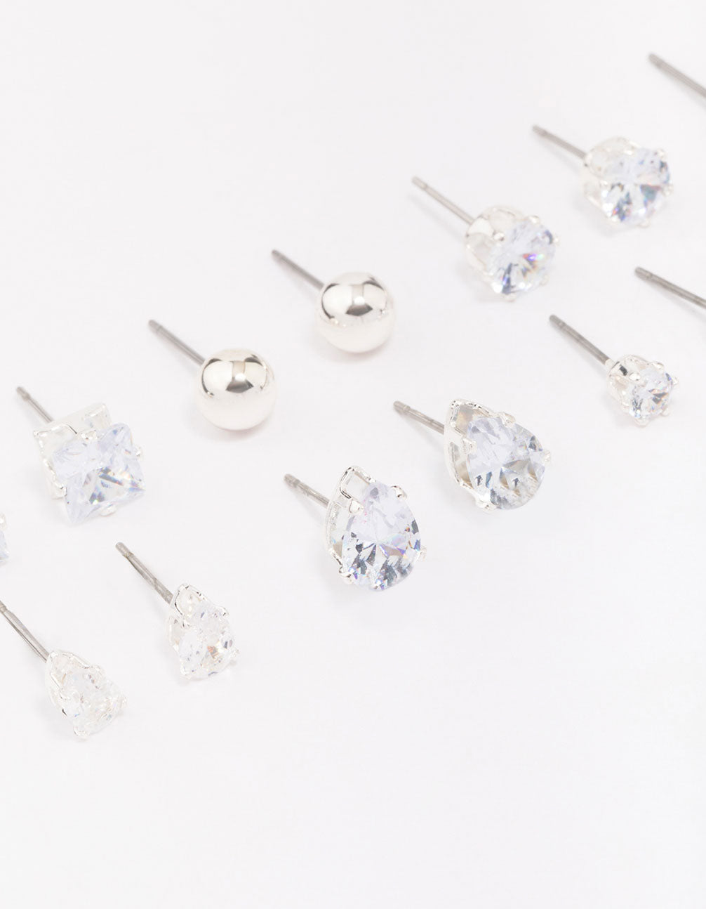 Beautifully crafted silver mixed diamante shape earring 8-pack close up view