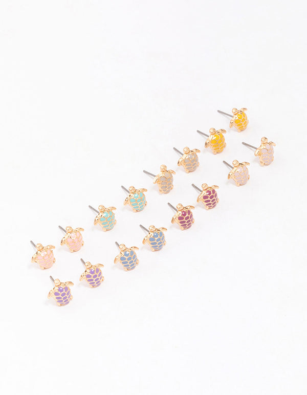 Gold Multi-Coloured Turtle Earring 8-Pack