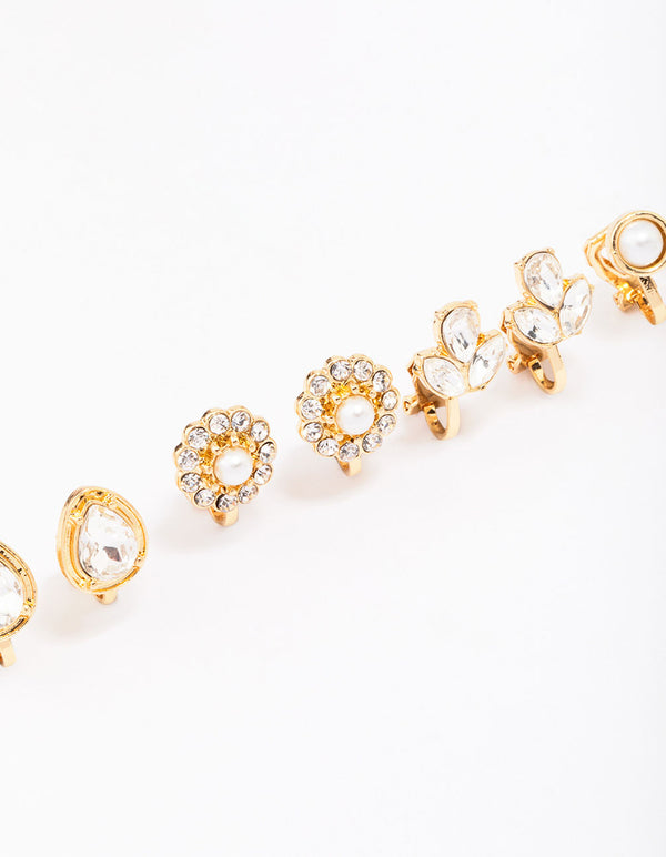 Gold Jewel Stone Clip On Earring 5-Pack