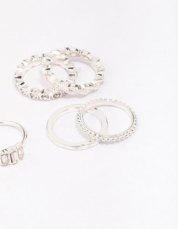 Silver Diamante Mixed Band Ring Pack