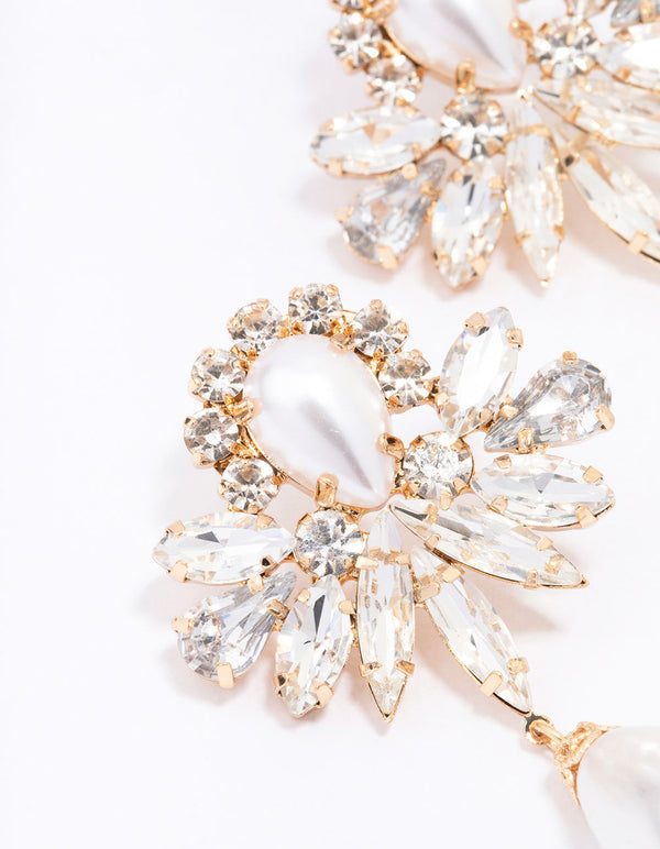Gold Diamante & Pearl Ornate Drop Earrings