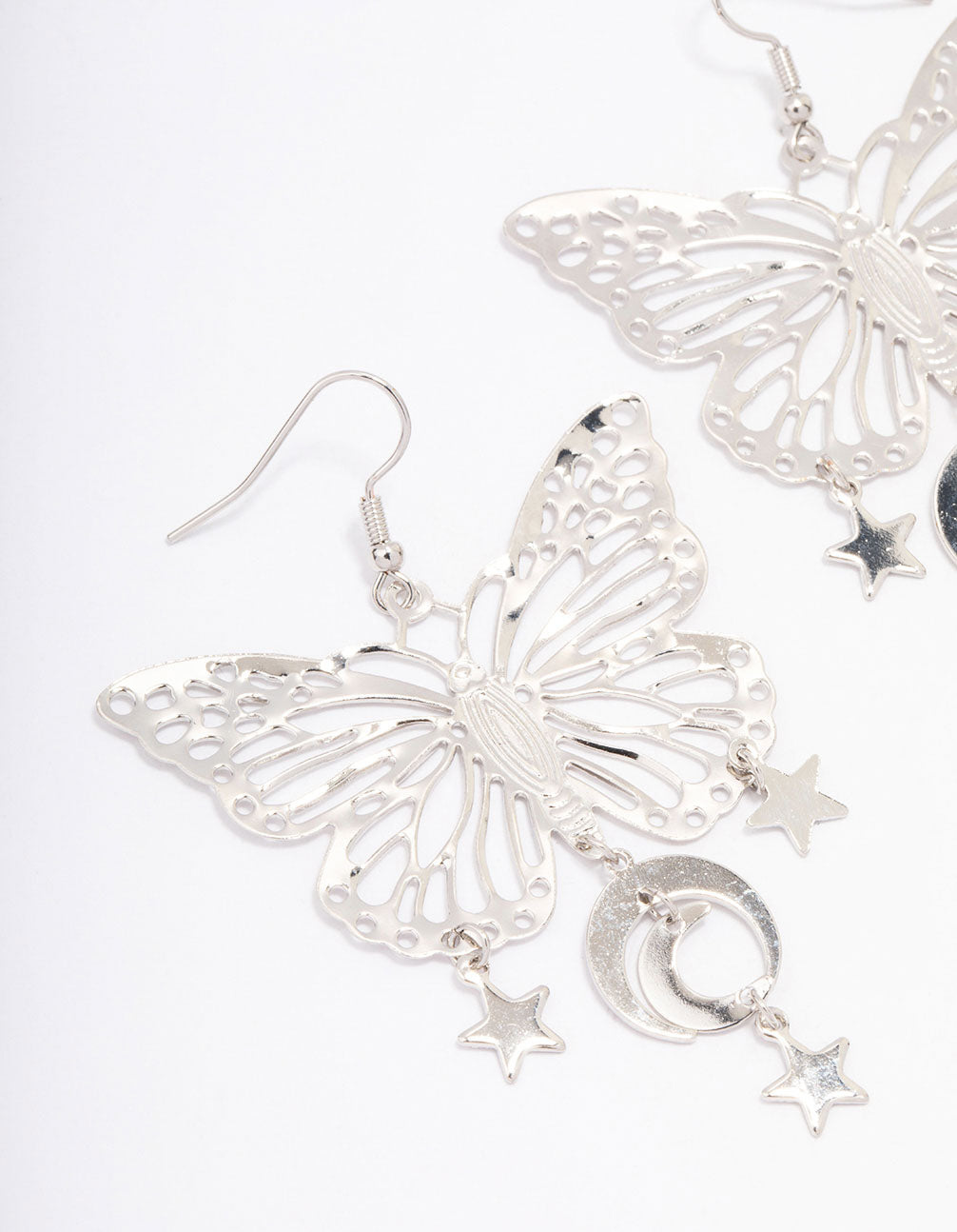 Silver Butterfly Moon Drop Earrings