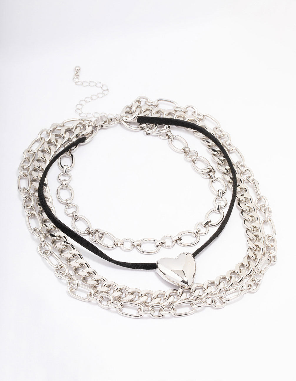 Silver Puffy Heart Layered Mixed Chain Necklace