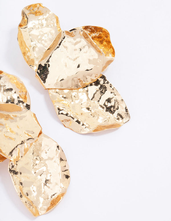 Gold Hammered Statement Petal Stud Earrings