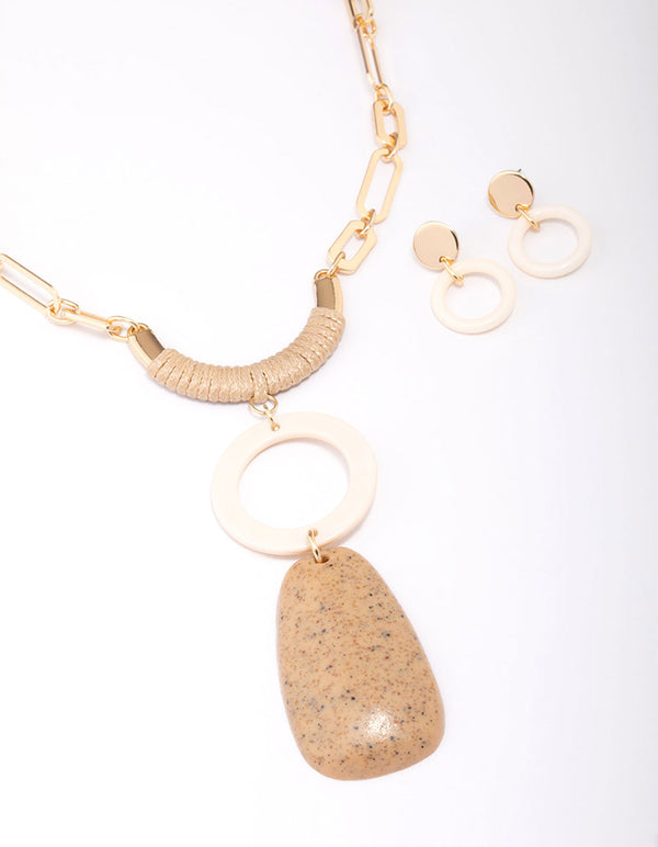 Gold Raffia Round Necklace & Earrings Set