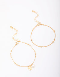 Gold Plated Station Ball & Freshwater Pearl Bracelets 2-Pack - link has visual effect only