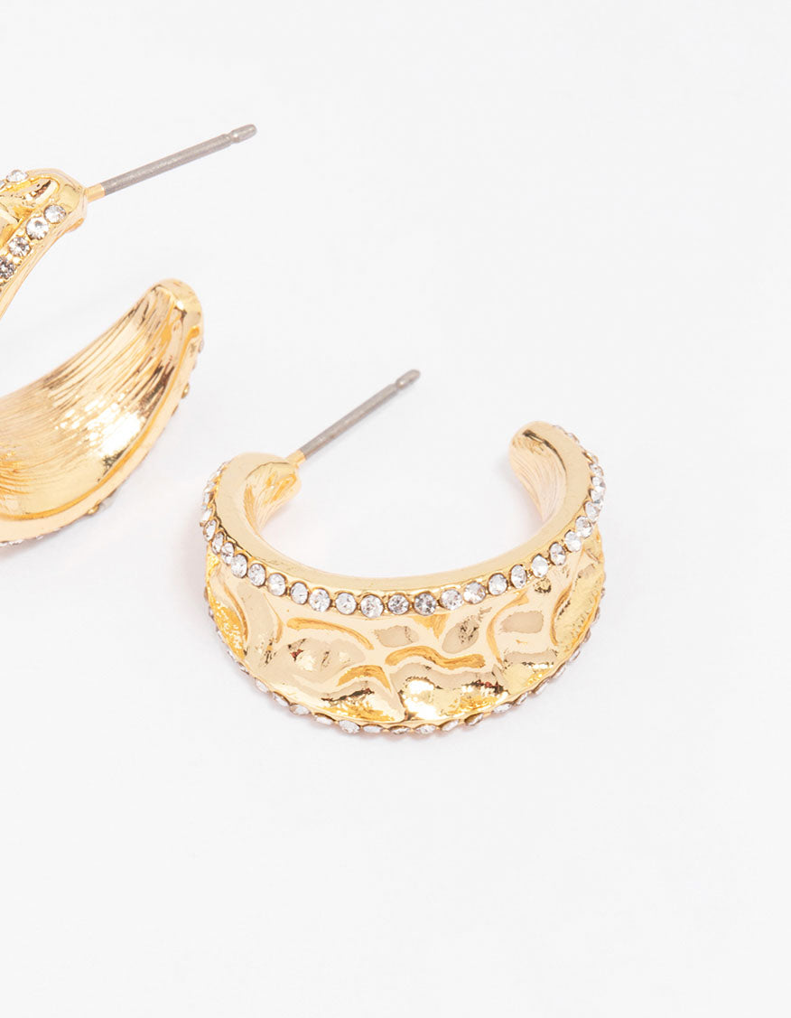 Gold Plated Crinkle Cubic Zirconia Lined Hoop Earrings