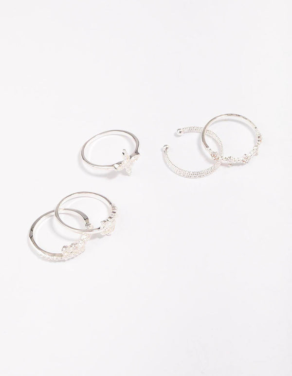 Silver Plated Cubic Zirconia Mixed Leaf Ring 5-Pack