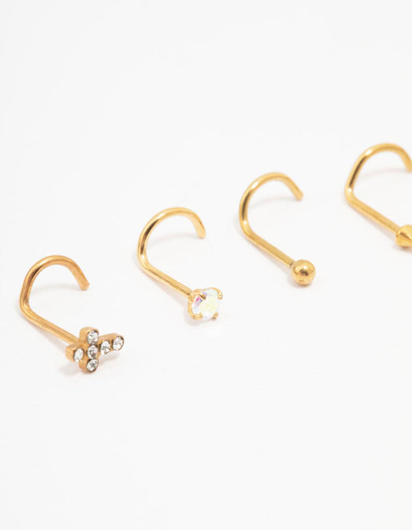 Gold Plated Surgical Steel Diamante Cross Nose Piercing 6-Pack