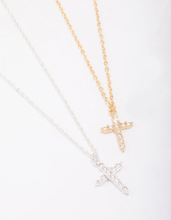 Gold & Silver Plated Cross Cubic Zirconia Pendant Necklace