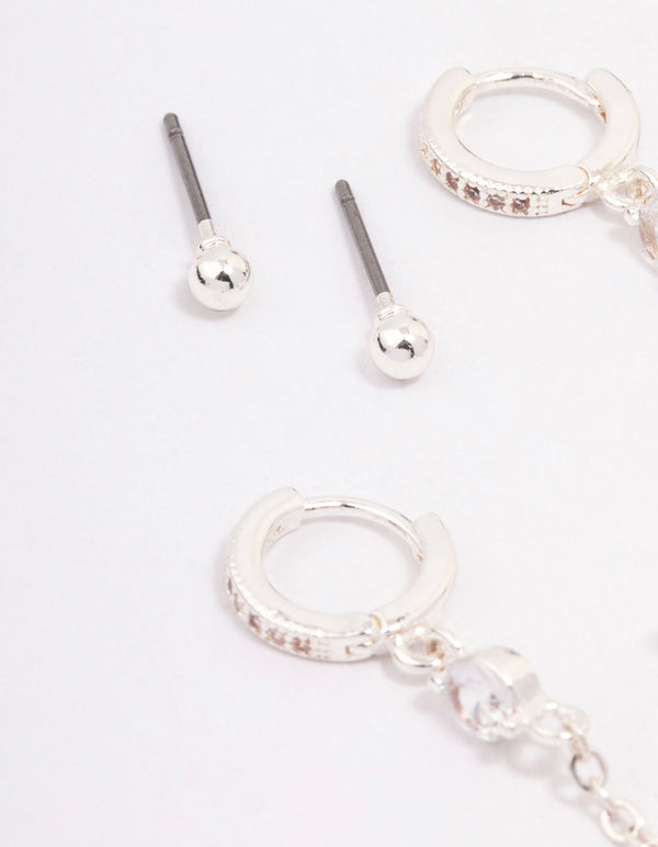 Silver Plated Cubic Zirconia Pave Huggie Chain Earring Pack