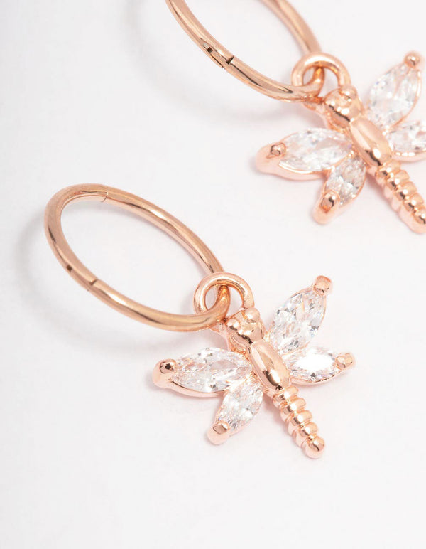 Rose Gold Plated Surgical Steel Cubic Zirconia Dragonfly Hoop Earrings